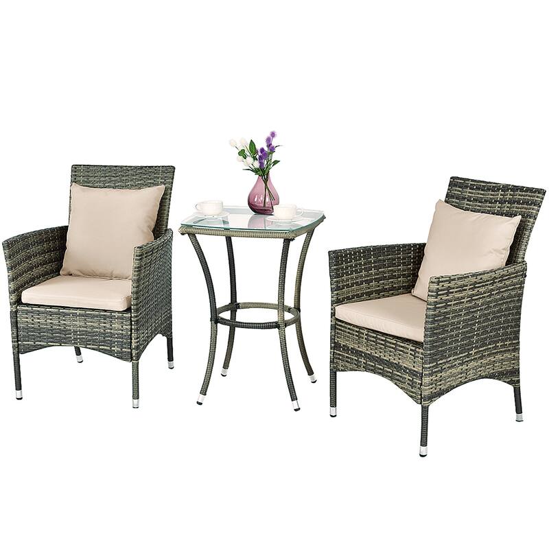 3PCS Patio Furniture Set Rattan Coffee Table & Chairs Garden
