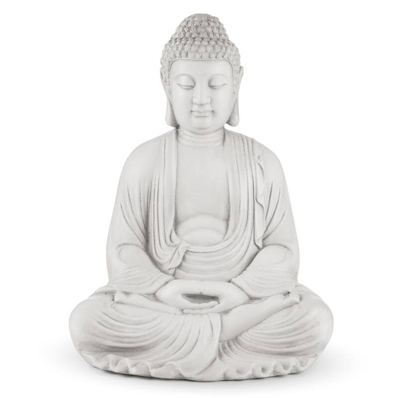Glitzhome Zen-Style MgO Meditating Garden Buddha Statues Monk Sculpture Indoor Outdoor - White-22.75"H