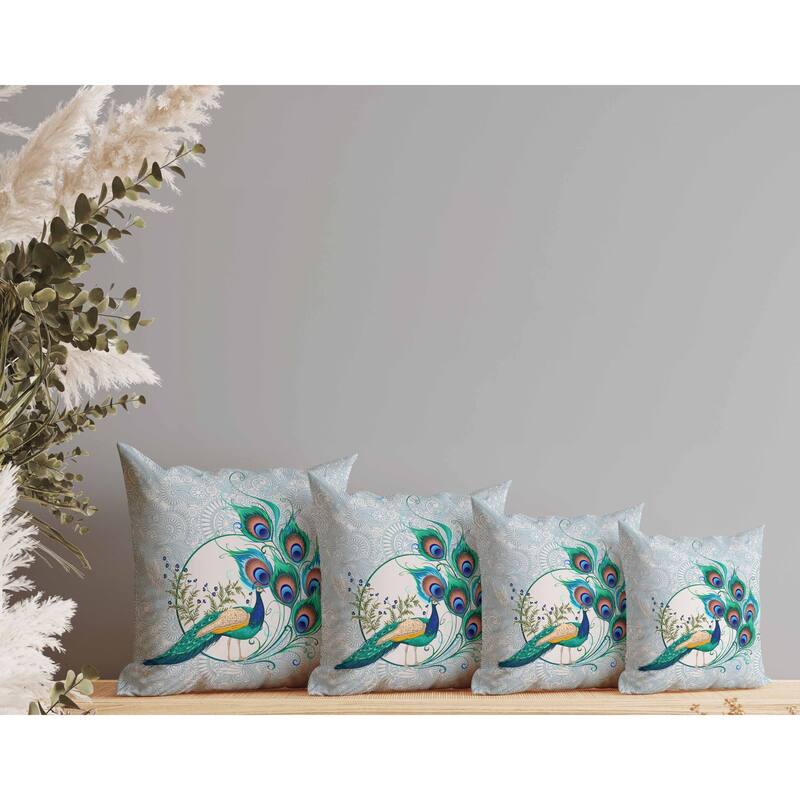 Paisley Peacock Dreams Indoor/Outdoor Reversible Throw Pillow Skyblue and Ivory
