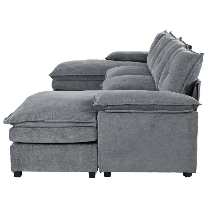 U-Shaped Sectional Sofa, Chenille Fabric Cloud Sofa, 6 Seater Sofa with Adjustable Armrest Pillow for Living Rooms, Office