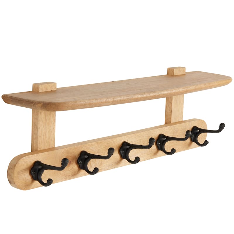 Mango Wood Handmade Single Shelf Wall Hook with 5 Hooks - Brown - Roche River Decor - 6"W x 26"L x 8"H