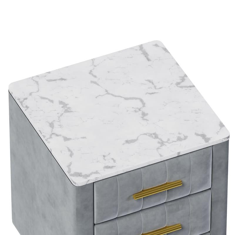Roomfitters Upholstered Wooden Nightstand with 3 Drawers, Metal Legs and Handles, Bedside Table with Marble-Pattern Top, Gray