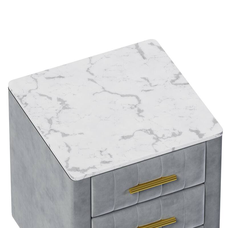 Upholstered Wooden Nightstand with 3 Drawers and Metal Legs&Handles, Bedside Table with Marbling Stickers Worktop