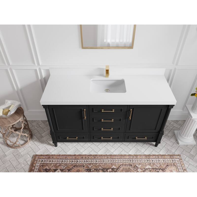 Willow Collections 60 in. W x 22 in. D Aberdeen Single Bowl Sink Bathroom Vanity with Countertop - 2" White Quartz - Black