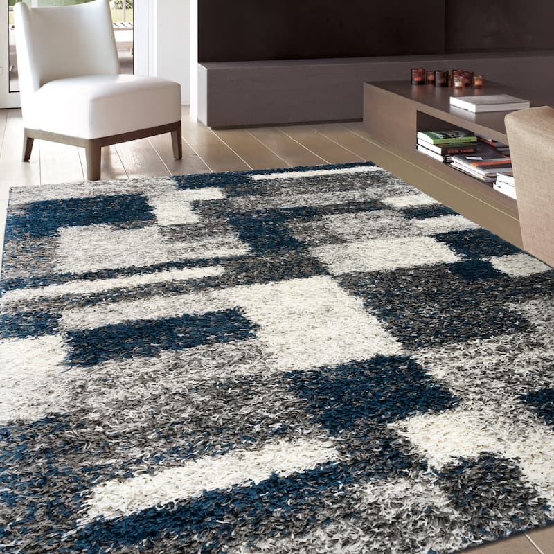 World Rug Gallery Distressed Modern Boxes Plush Shag Area Rug