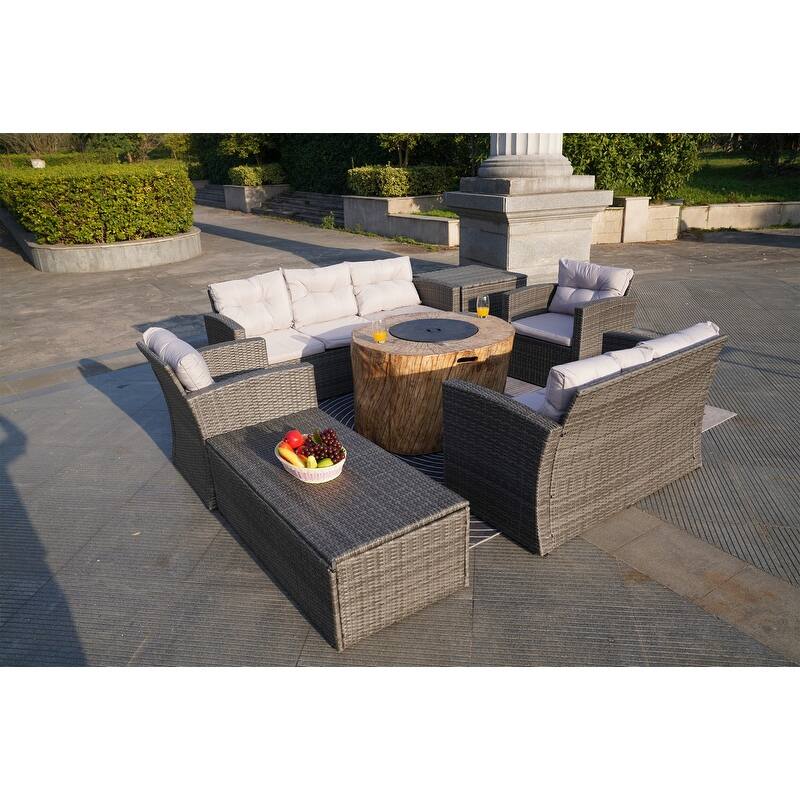 7-Piece Outdoor Wicker Conversation Sofa Set with Fire Pit