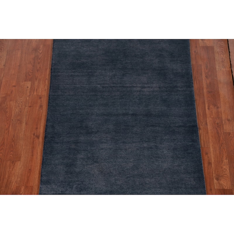 Hand Knotted Oriental 100% Wool Carpet Modern Solid Navy Blue & Blues Gabbeh Runner Rug - 7' 11'' X 2' 9''