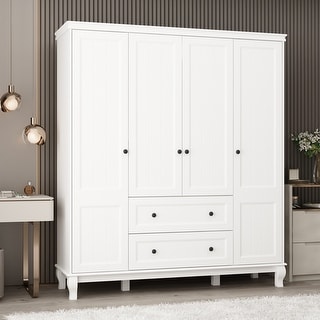 Timechee 63" Wardrobe ARMOIRES White 4 Doors 2 Drawers Lacquer