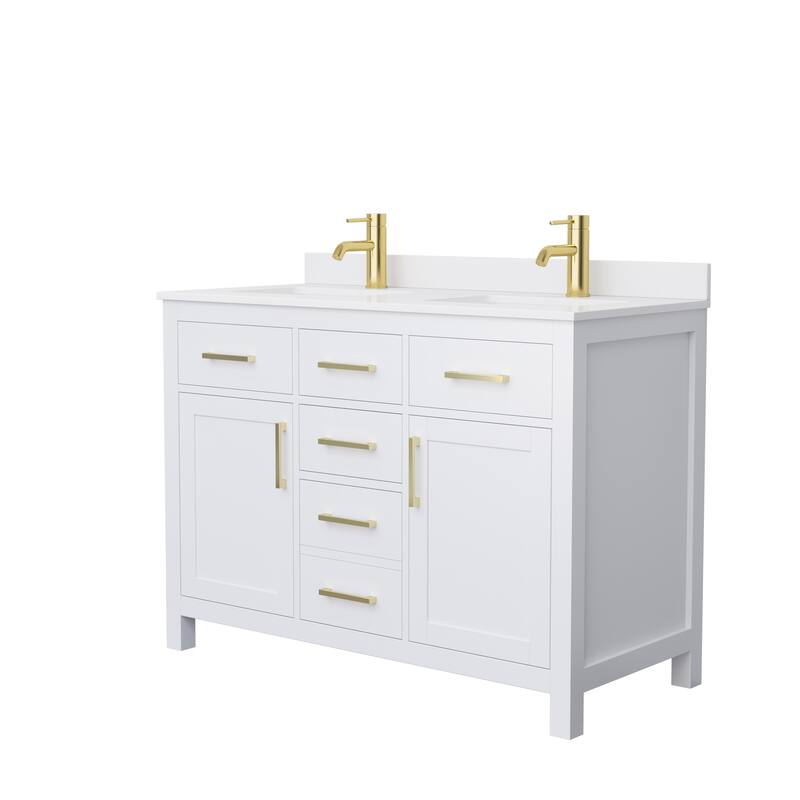 Beckett 48 Inch Double Vanity, Cultured Marble Top - White, Gold Trim, White Cultured Marble Top