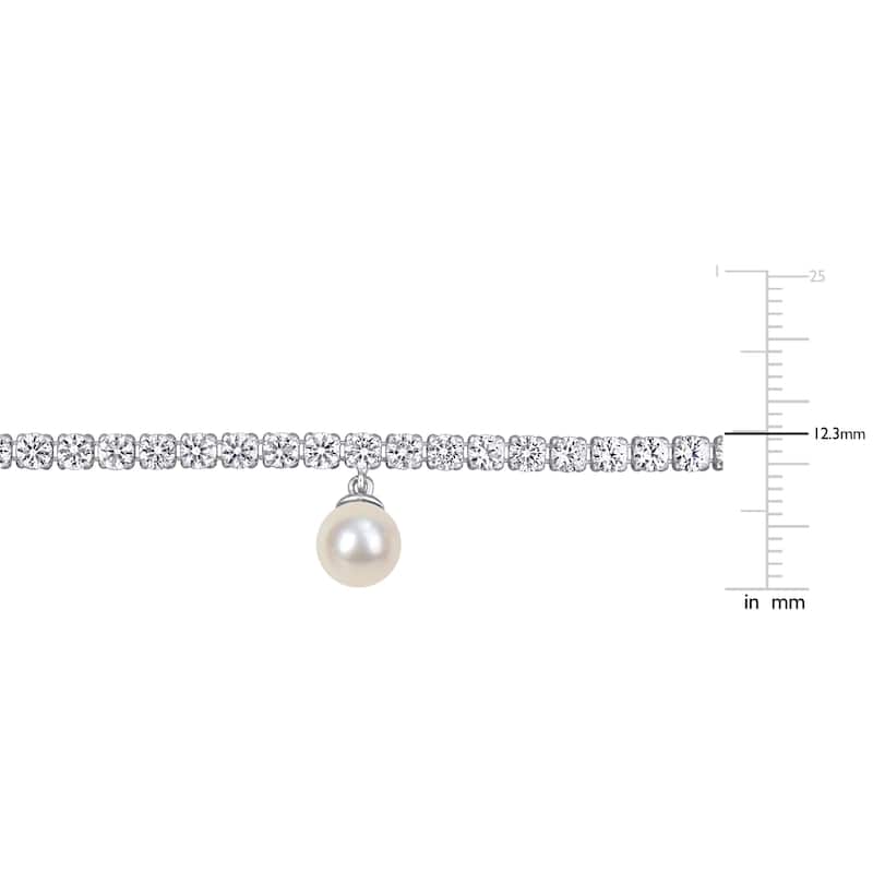 Miadora Cultured Freshwater Pearl 9 1/4ct Created White Sapphire Necklace in Sterling Silver