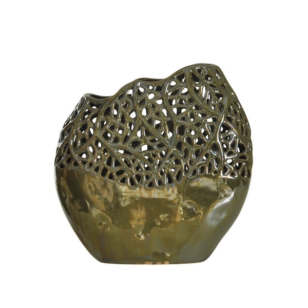 StyleCraft SC-DA13871 11 7/8" x 11" Lacework Ceramic Vase - Metallic Sage Green Glaze