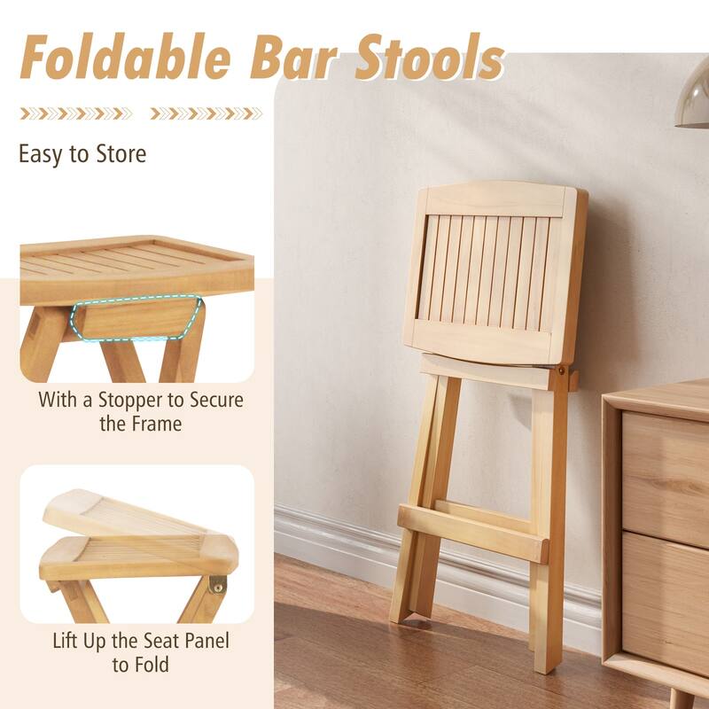 Set of 2 Teak Wood Outdoor Folding Counter Height Bar Stools with Backless Design for Kitchen - 17" x 16" x 29"