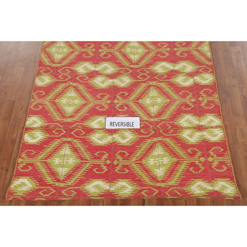 All-Over Pink Geometric Kilim Oriental Area Rug Handmade Wool Carpet - 4'9"x 7'1"