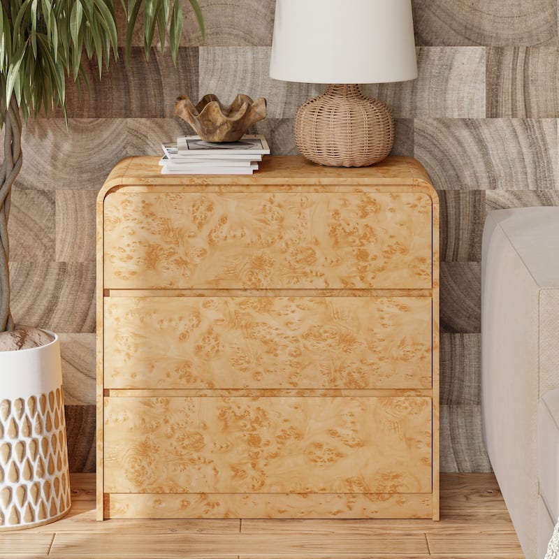 COZAYH Farmhouse Wood Nightstand, Rounded Edge Modern & Mid-Century Dresser, Burl Wood Finish in Natural - 3-Drawer Dresser