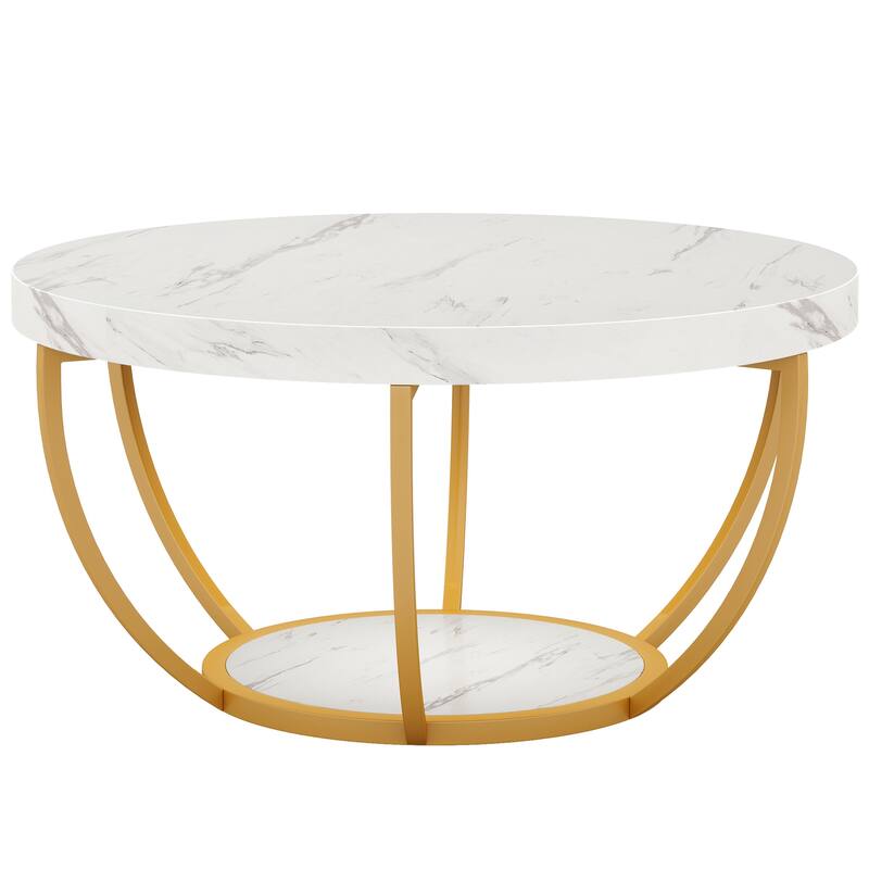 Modern Round Coffee Table, 31.7" 2 Tier Coffee Table with Faux White Marble and Golden Metal Legs, Circle Center Table