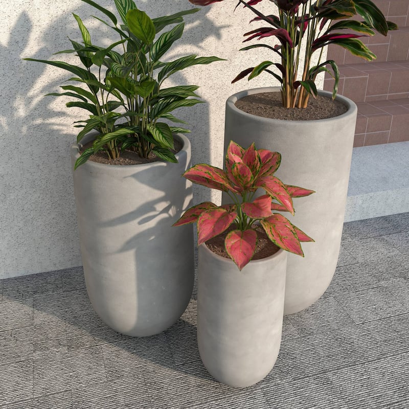 Topiary 3-Piece Modern Cylinder Fiberstone and MgO Clay Planter Set w Drainage Holes for Indoor Outdoor Home Office Garden Porch