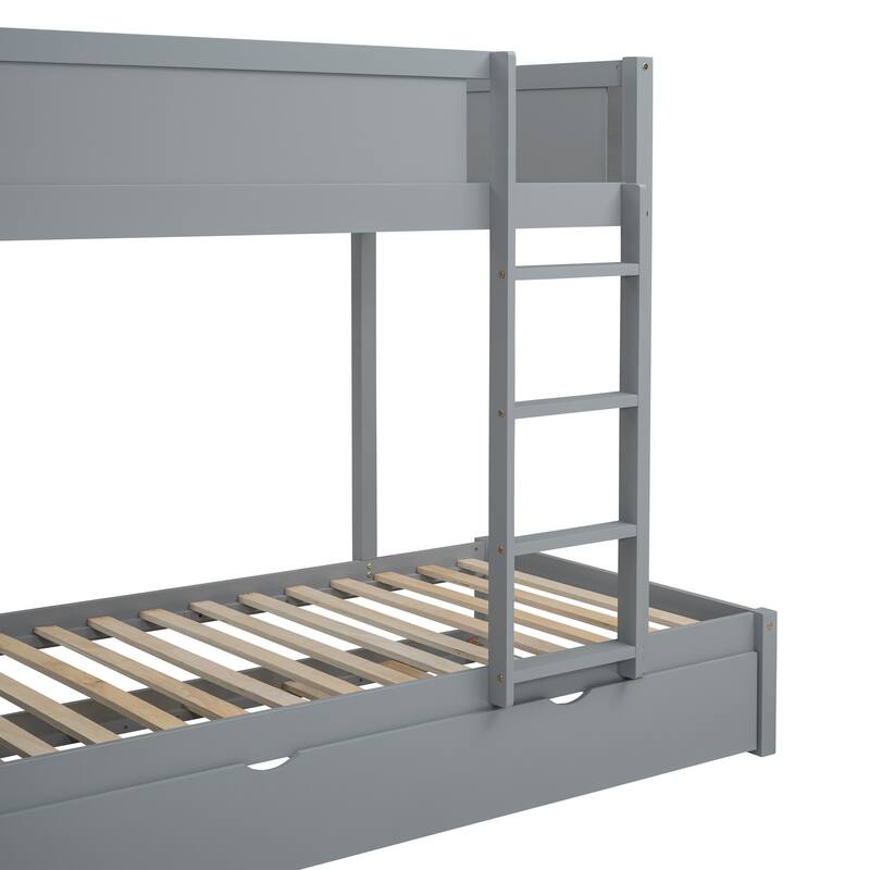 Bunk Bed with Twin Trundle, Desk, 3 Storage Drawers, Wooden Low Bunkbeds with USB Ports, Solid Pine Legs, Full-length Guardrail