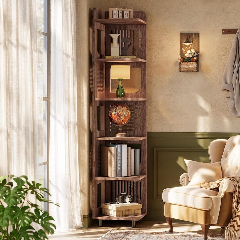 6 Tiers Farmhouse Wood Tall Narrow Corner Shelf with Hollow Design - 15.8" W x 15.8" D x 71.9" H
