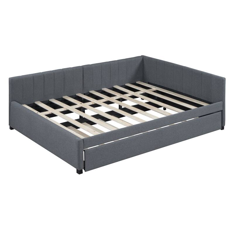 Full Size Upholstered Daybed with Trundle Sofa Bed Frame No Box Spring Needed, Linen Fabric(Beige)