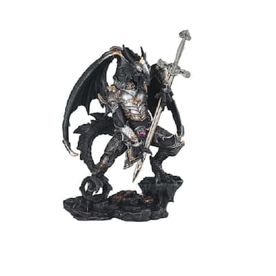 Q-Max 12"H Black and Silver Dragon with Armor and Sword Statue Fantasy Decoration Figurine