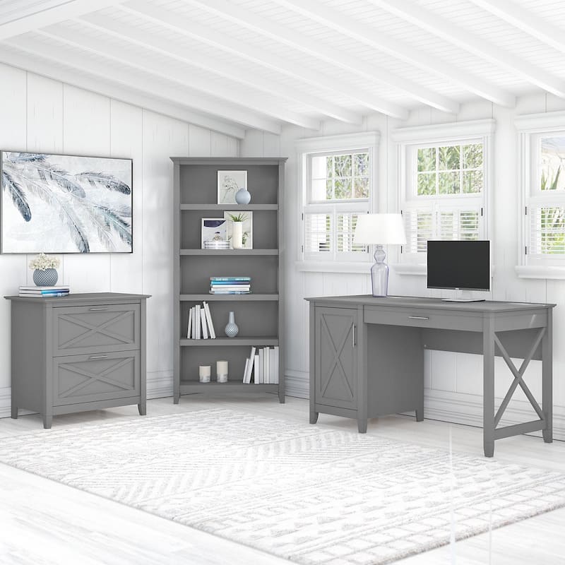 Key West 54W Computer Desk with Cabinet and Bookcase by Bush Furniture - Cape Cod Gray
