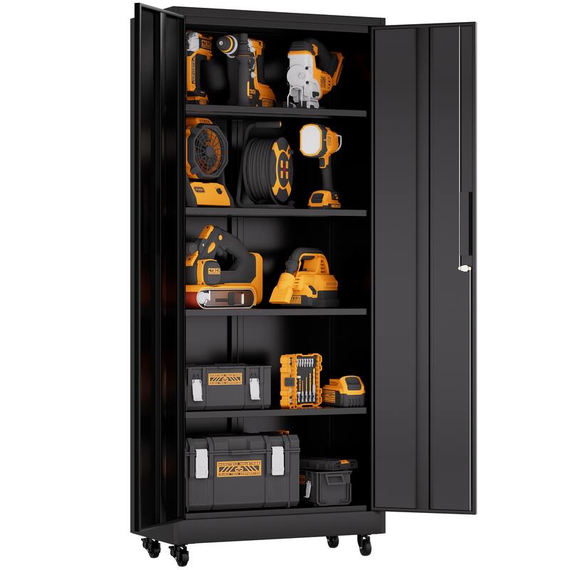 71"H Metal Garage Storage Cabinet with Wheels and Lock, 4 Adjustable Shelves (180lb Each), 3-Point Locking Security