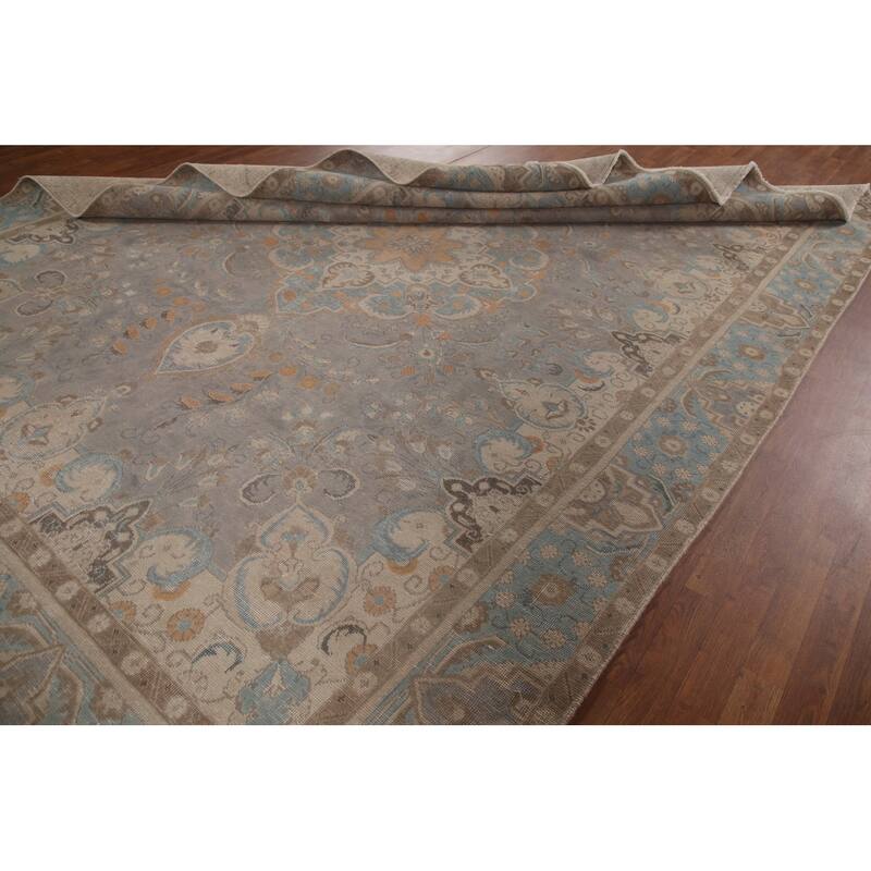 Hand Knotted Oriental 100% Wool Carpet Traditional Floral Greys & Charcoal Tabriz Area Rug - 12' 11'' X 9' 5''