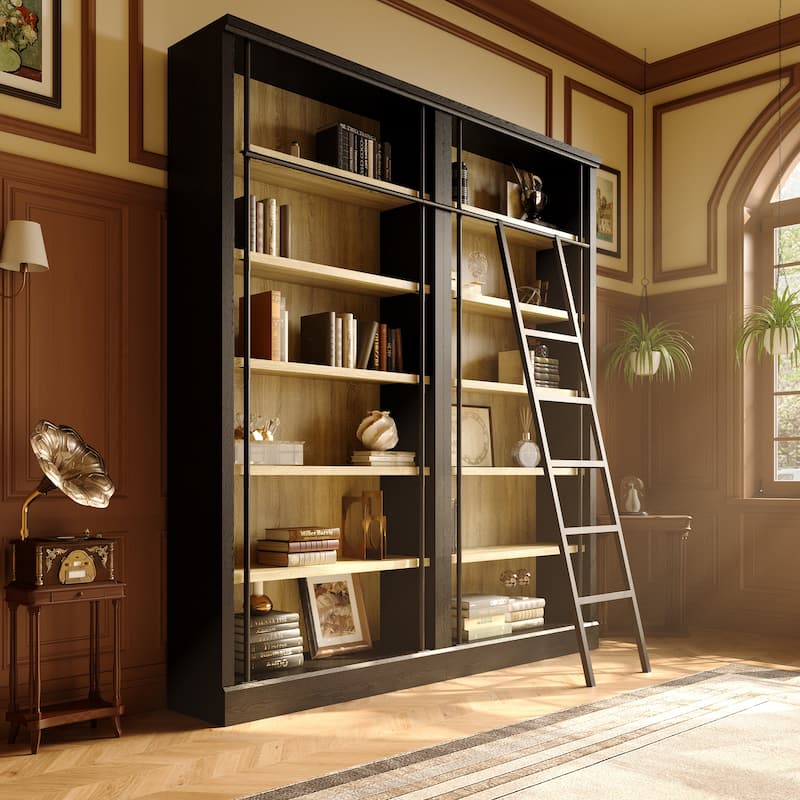 Large Ladder Bookshelf with Adjustable Rolling Ladder, Tall Library Bookcase Storage Display Unit