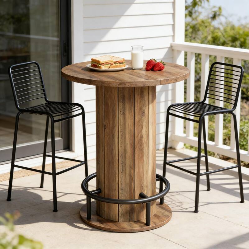 Round Bar Table with Fence-Style Base, Wood Cocktail Table Pub Table with Footrest, Coffee Table Kitchen Dining Table