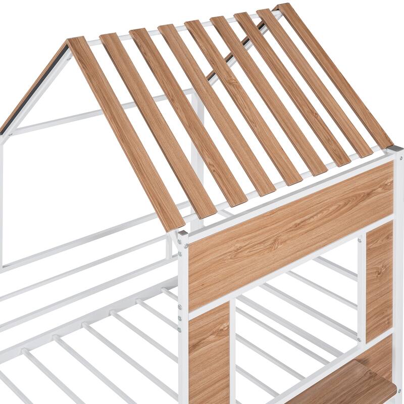 White Metal Twin Loft Bed with Roof, Window & Guardrail - 300LBS Capacity
