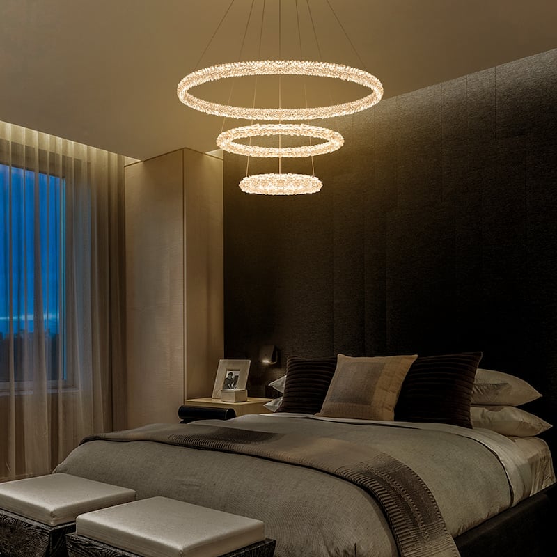 Modern Gold 3-Light Tiered Crystal LED Chandelier, Dimmable - Dia.27.56-in