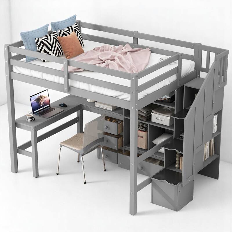 Space-Saving Full Loft Bed with Storage Stairs, Desk, Drawers & Cabinet - Solid Pine & MDF Construction