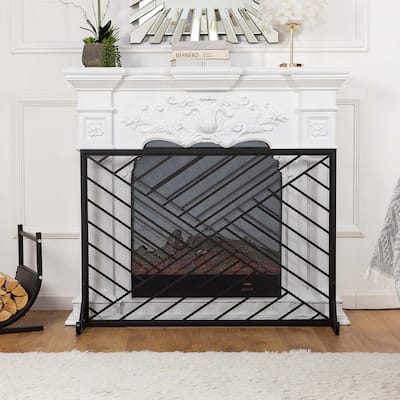Contemporary Single Panel Black Straight Line Pattern Iron Fireplace Screen- - 41.73'' x 12.20'' x 29.33''