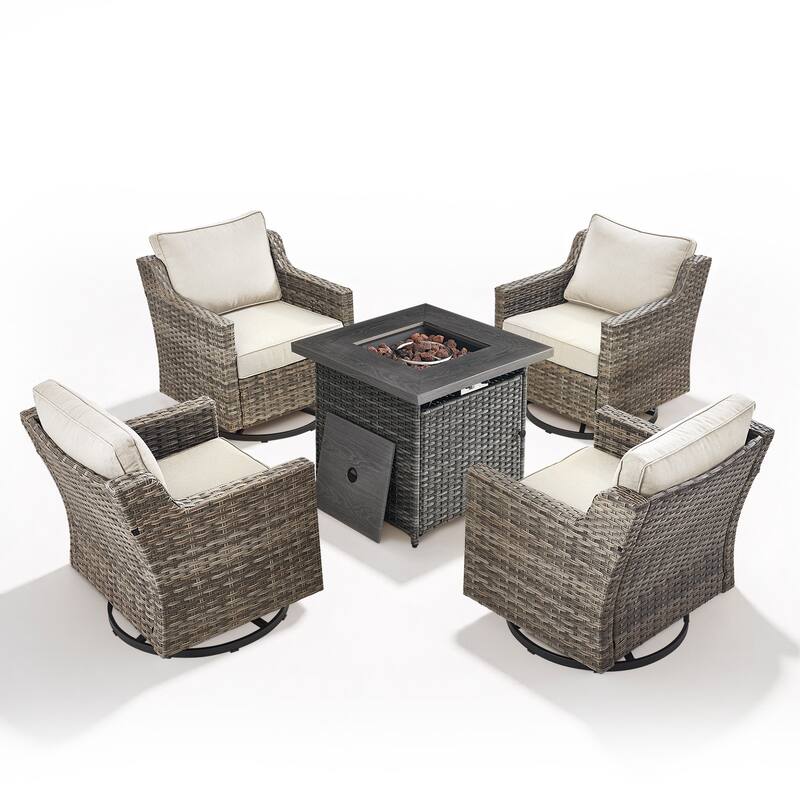 Glissia 5-Piece Gray Wicker Swivel Glider Fire Pit Set with Square Wicker Fire Table
