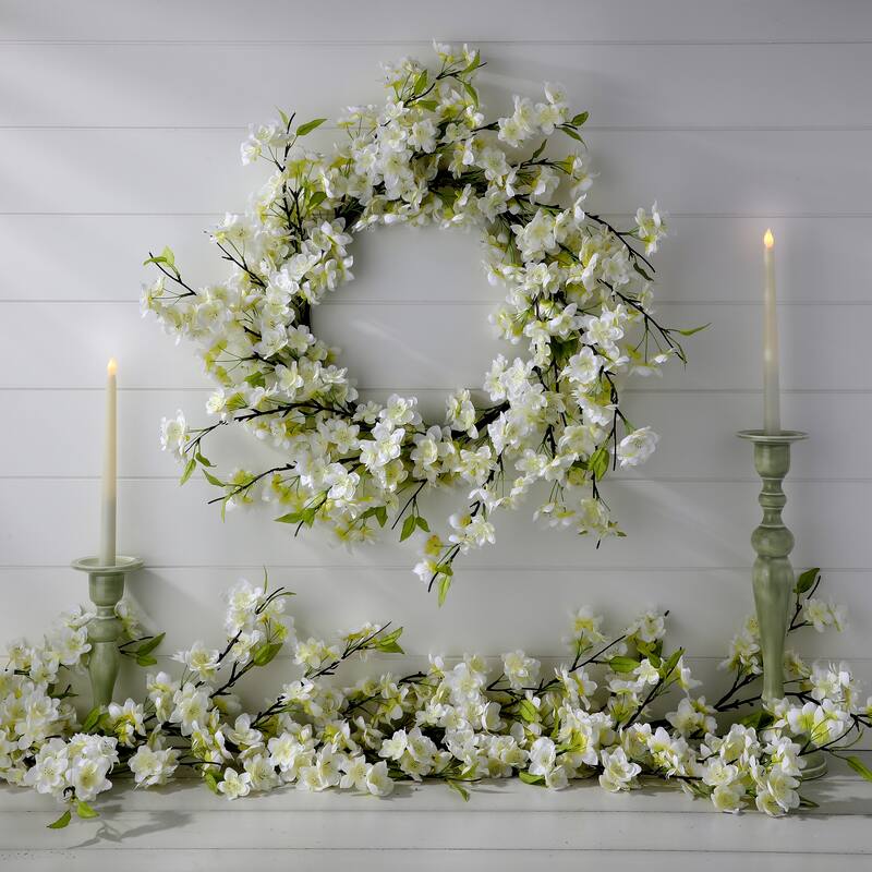 24" Cherry Blossom Wreath - WHITE