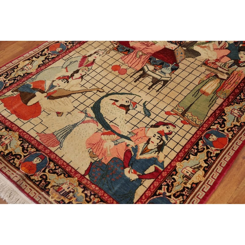 Pre-1900 Antique Pictorial Kashan Persian Rug Handmade Wool Carpet - 4'2"x 7'0"