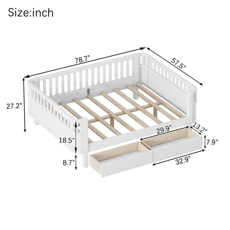 Wooden Kids Bed with 2 Storage Drawers, Guardrails and Removable Side Rail, Rounded Corners Frame Montessori Bed, Toddler Bed