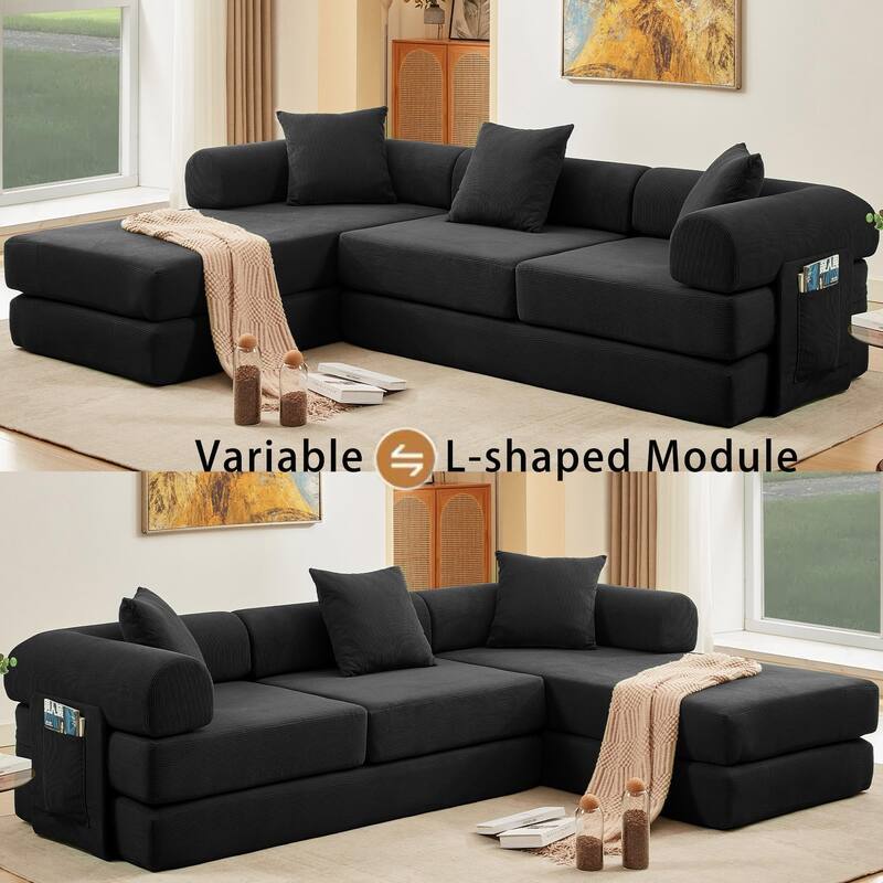 107" L-Shaped 6-in-1 Corduroy Modular Sectional Sofa, Convertible Out Sofa Bed, 4-Seat, Black