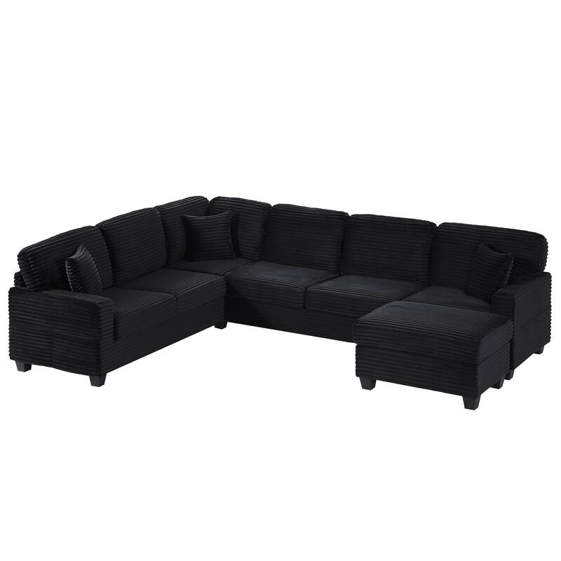 U Shaped Sectional Sofa with 1 Movable Ottoman, Corduroy Upholstered 6 Seater Sofa, Corner Sofa with Storage Pockets
