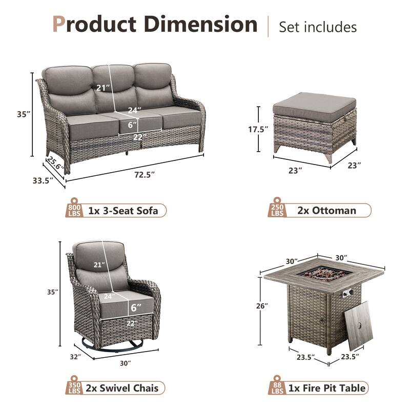 Pocassy 6 Pieces Outdoor 6" Sofa Swivel Chair Ottoman with Fire Pit Table