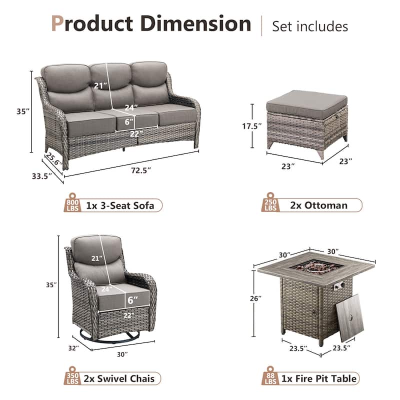 Pocassy Outdoor 6" Sofa Swivel Chair Ottoman with Fire Pit Table