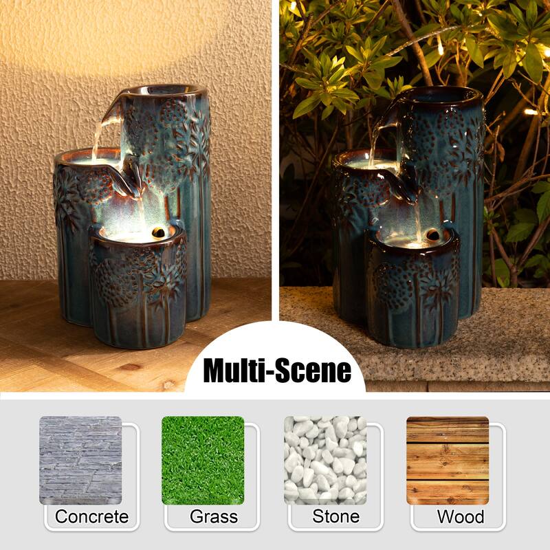 Glitzhome 10"H 3-Tier Turquoise Ceramic Tabletop Fountain with Pump and LED Light