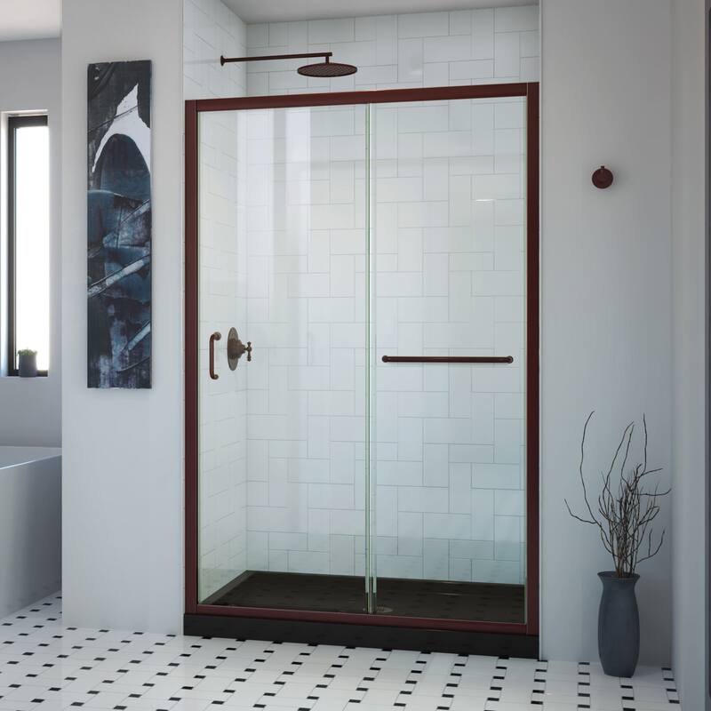 DreamLine Infinity-Z 32 in D x 54 in. W x 74 3/4 in H Clear Sliding Shower Door in Oil Rubbed Bronze and Center Drain Black Base