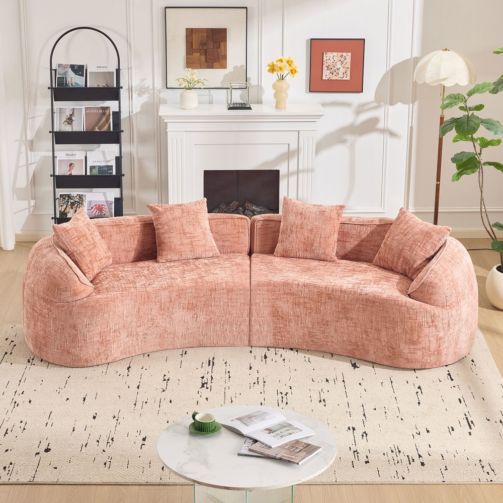 Curved Sectional Sofa with Pillows, Chenille Upholstered 4 Seater Sofa, Full-Compressed Deep Seat Sofa for Living Room
