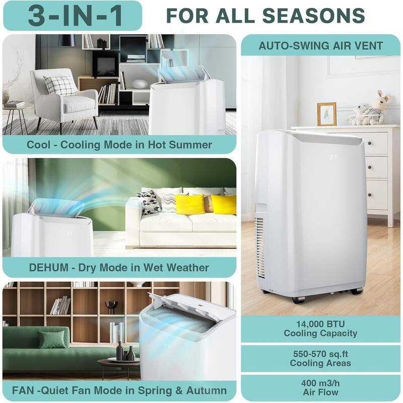 14000 BTU Portable Air Conditioner, 3-in-1 Cooling