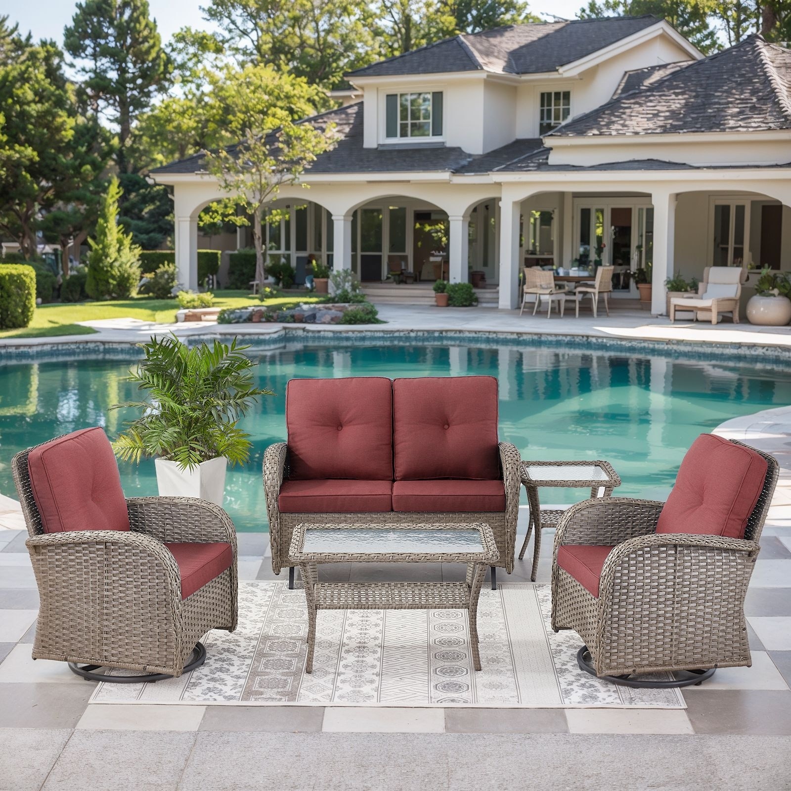 Outdoor Glider Sofa with Swivel Chair Grey-Red - Grey