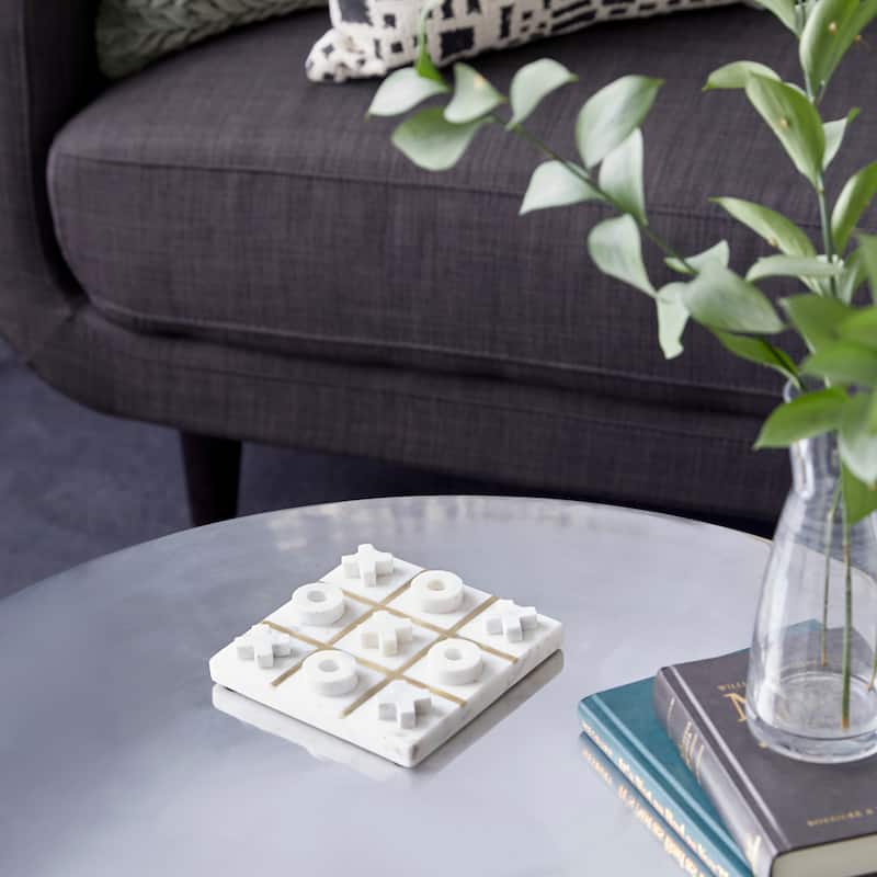 White or Black Marble Tic Tac Toe Game Set with Gold Inlay and Wood Pieces