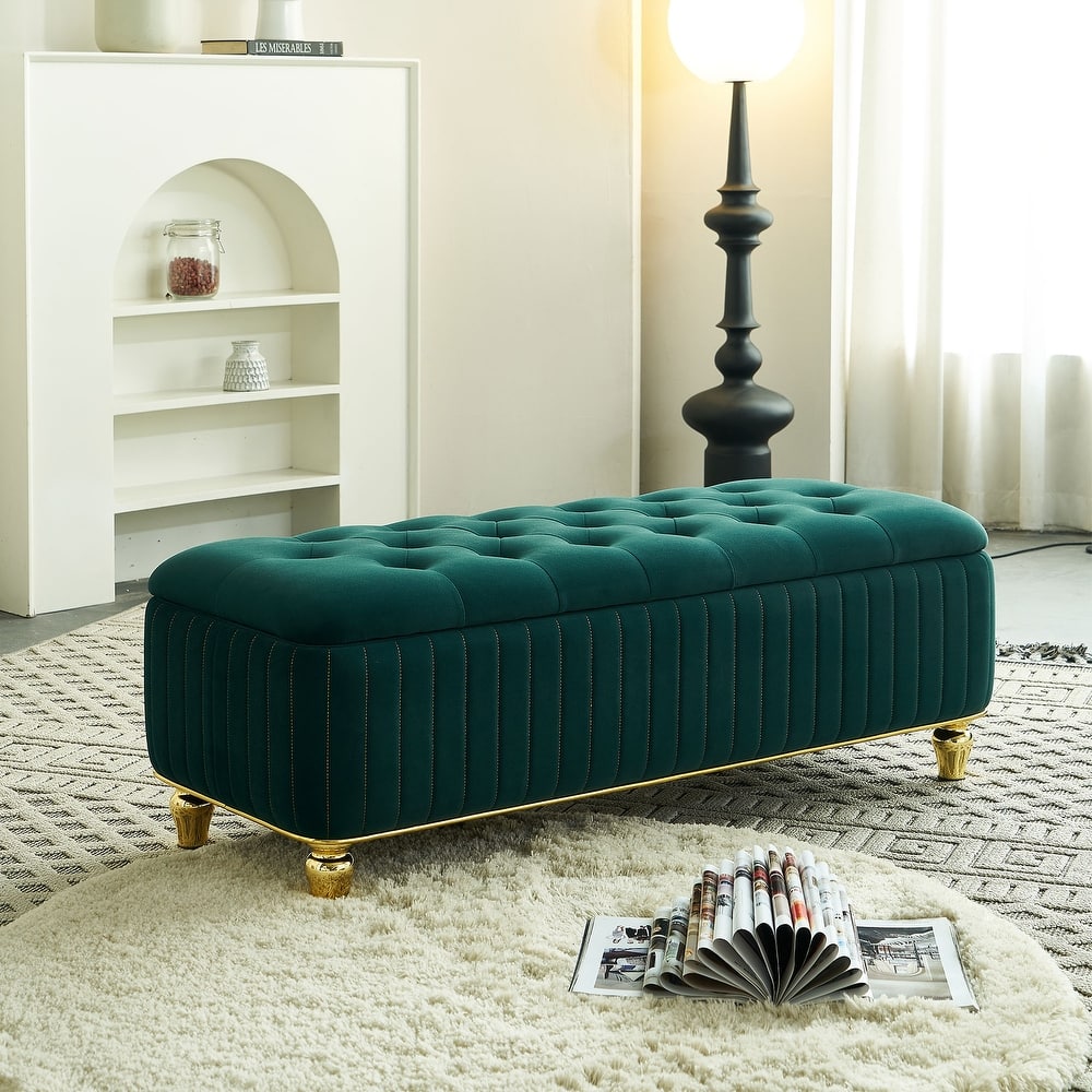Velvet Fabric Storage Ottoman, Upholstered Button Tufted Storage Bench, End of Bed Bench with Safety Hinge & Metal Legs