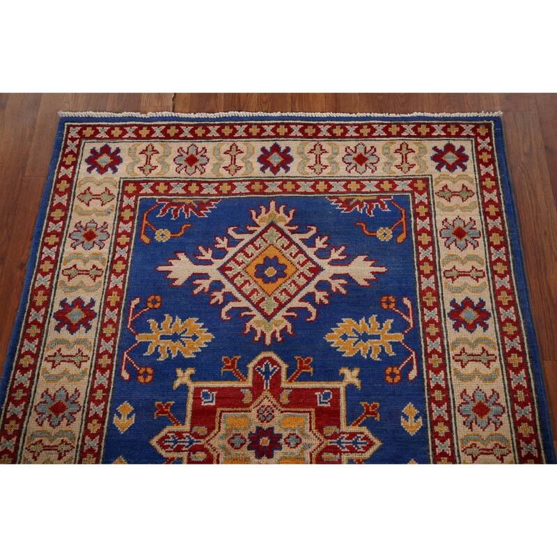 Blue Geometric Kazak Accent Rug Hand-Knotted Oriental Wool Carpet - 3'5" x 4'11"
