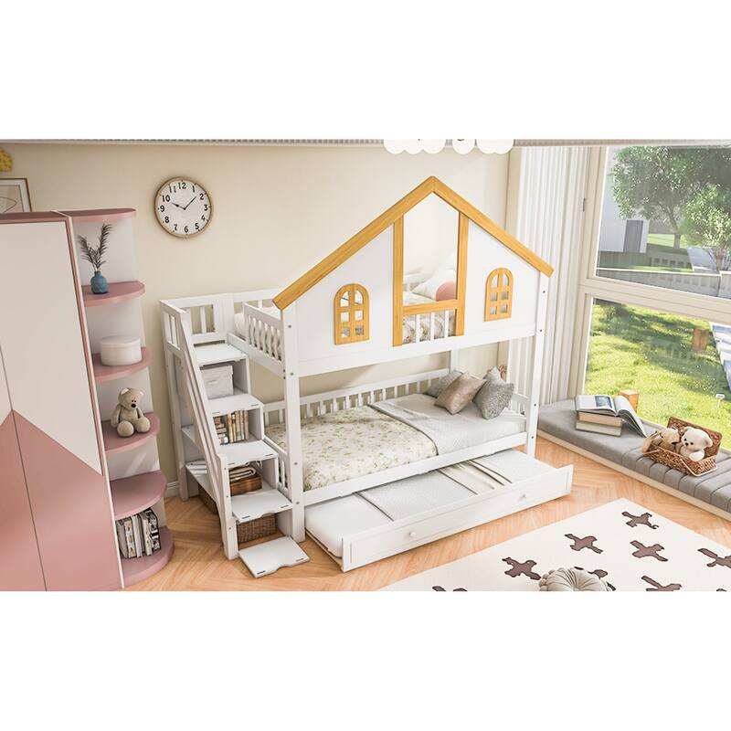 Roomfitters Twin Over Twin/Full Over Full House Bunk Bed with Trundle, Storage Staircase and Roof, White and Natural